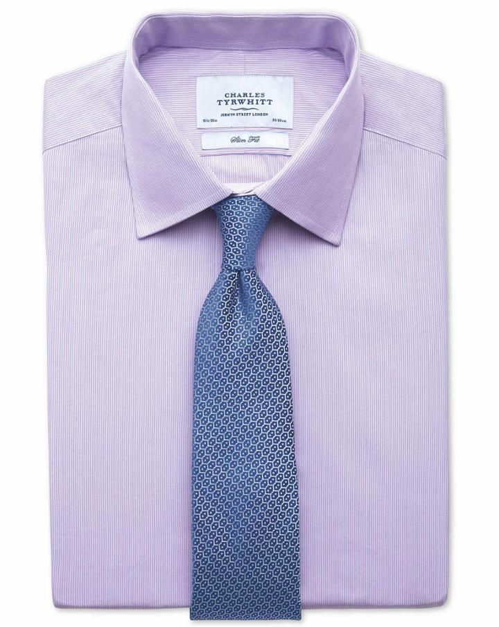 Charles Tyrwhitt Extra Slim Fit Fine Stripe Lilac Cotton Dress Casual Shirt French Cuff Size 14.5/33 By Charles Tyrwhitt