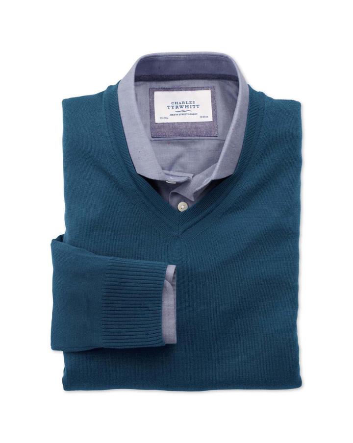 Charles Tyrwhitt Charles Tyrwhitt Teal Merino Wool V-neck Sweater Size Small