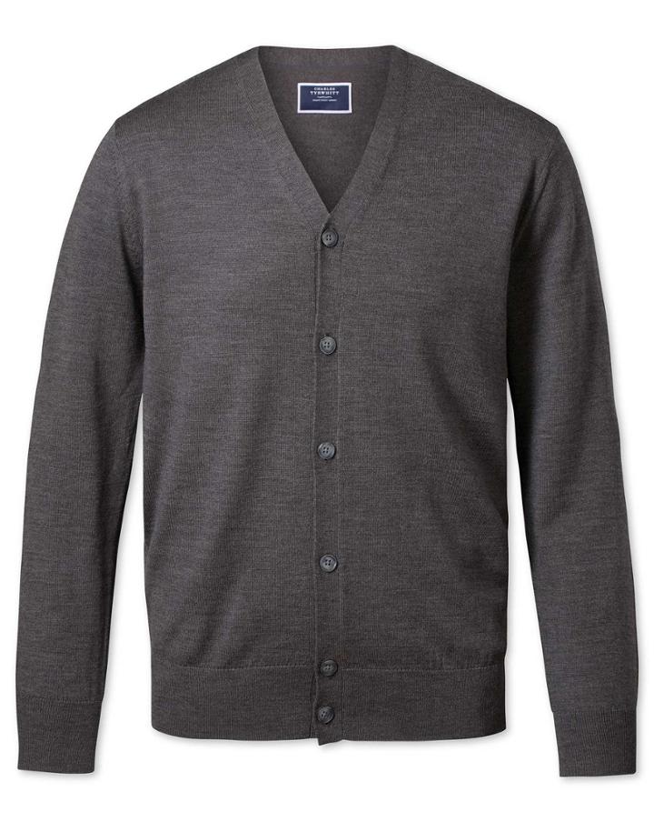  Charcoal Merino Wool Cardigan Size Medium By Charles Tyrwhitt