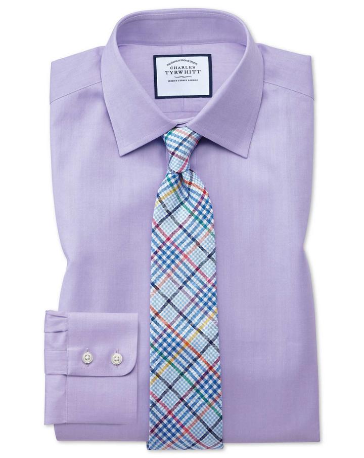  Classic Fit Fine Herringbone Lilac Cotton Dress Shirt Single Cuff Size 16.5/33 By Charles Tyrwhitt