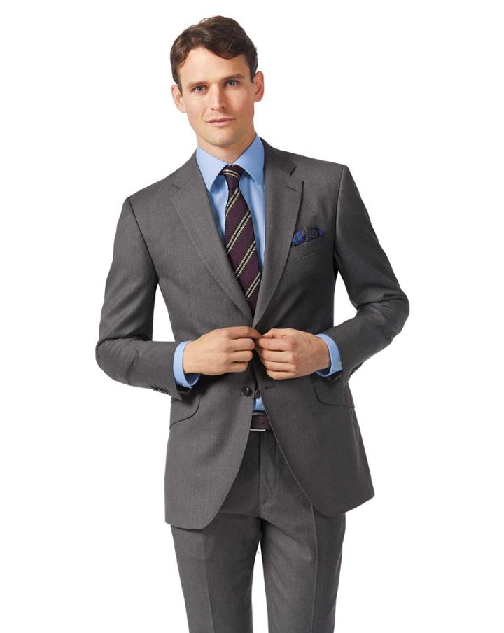  Grey Slim Fit Italian Twill Luxury Suit Wool Jacket Size 36 By Charles Tyrwhitt