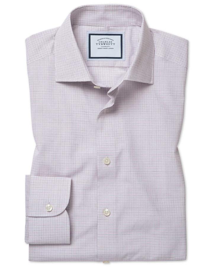  Classic Fit Peached Egyptian Cotton Purple Check Dress Shirt Single Cuff Size 15/33 By Charles Tyrwhitt