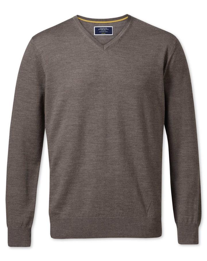  Mocha Merino Wool V-neck 100percent Merino Wool Sweater Size Large By Charles Tyrwhitt