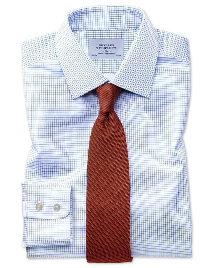 Charles Tyrwhitt Slim Fit Non-iron Twill Mini Grid Check Sky Blue Cotton Dress Casual Shirt Single Cuff Size 14.5/32 By Charles Tyrwhitt