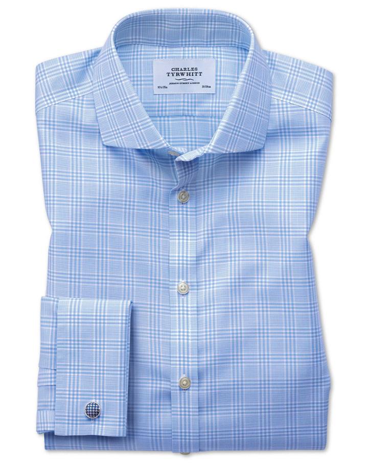 Charles Tyrwhitt Extra Slim Fit Spread Collar Non-iron Prince Of Wales Sky Blue Cotton Dress Shirt French Cuff Size 16/34 By Charles Tyrwhitt