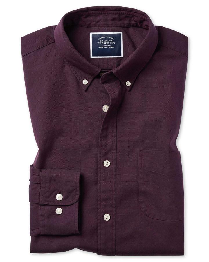  Extra Slim Fit Berry Button-down Washed Oxford Plain Cotton Casual Shirt Single Cuff Size Large By Charles Tyrwhitt