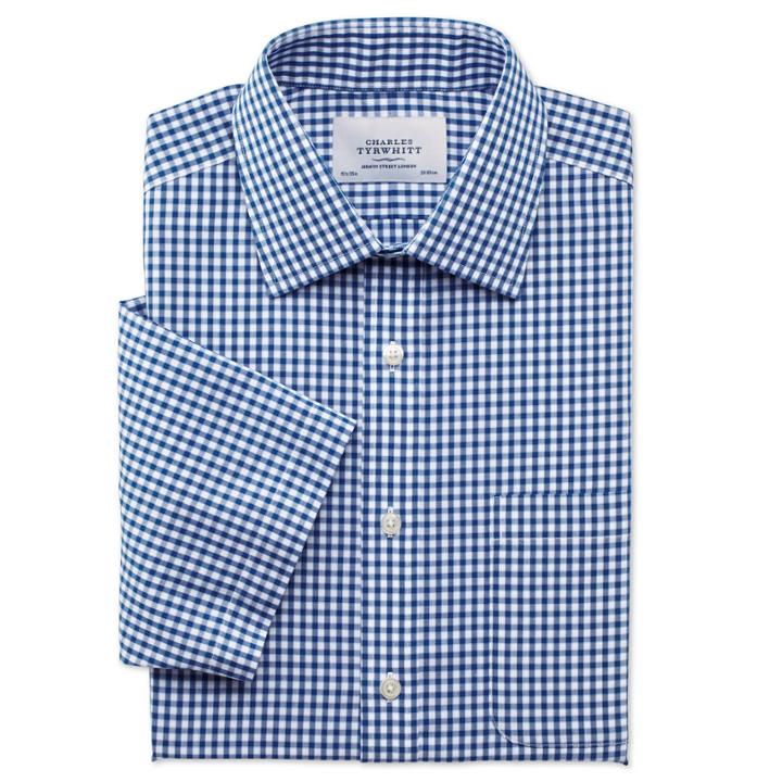Charles Tyrwhitt Charles Tyrwhitt Blue Edged Gingham Non-iron Short Sleeve Slim Fit Shirt (14h)