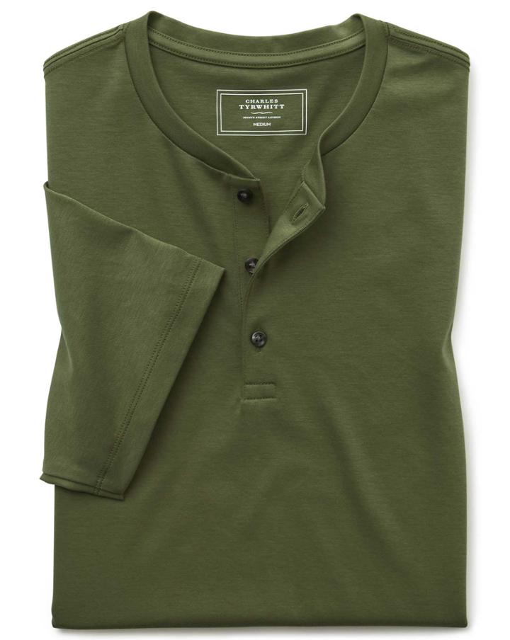  Olive Short Sleeve Henley T-casual Shirt Size Large By Charles Tyrwhitt