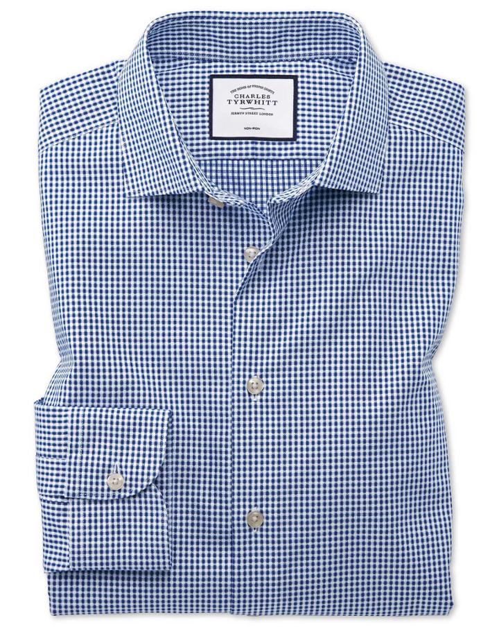  Classic Fit Business Casual Non-iron Square Texture Navy Cotton Dress Shirt Single Cuff Size 15.5/33 By Charles Tyrwhitt