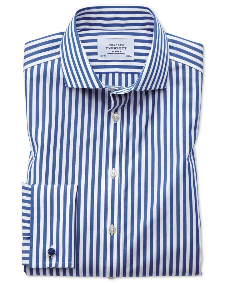 Charles Tyrwhitt Slim Fit Spread Collar Non-iron Bengal Stripe Blue Cotton Dress Shirt French Cuff Size 16.5/33 By Charles Tyrwhitt