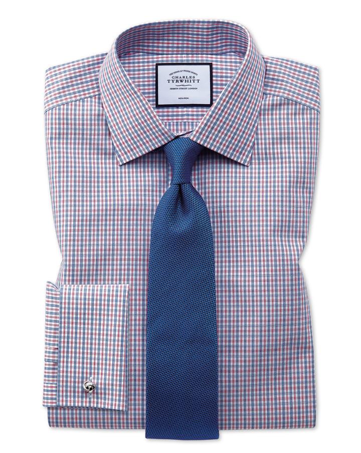  Extra Slim Fit Non-iron Poplin Blue And Red Cotton Dress Shirt French Cuff Size 14.5/33 By Charles Tyrwhitt