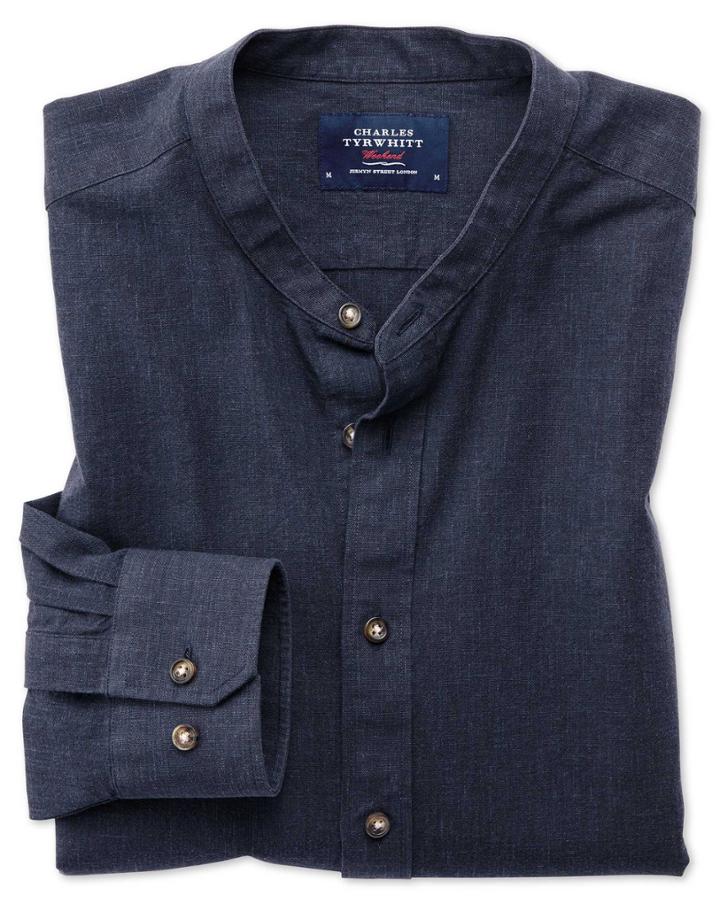 Charles Tyrwhitt Classic Fit Collarless Navy Blue Cotton Casual Shirt Single Cuff Size Large By Charles Tyrwhitt