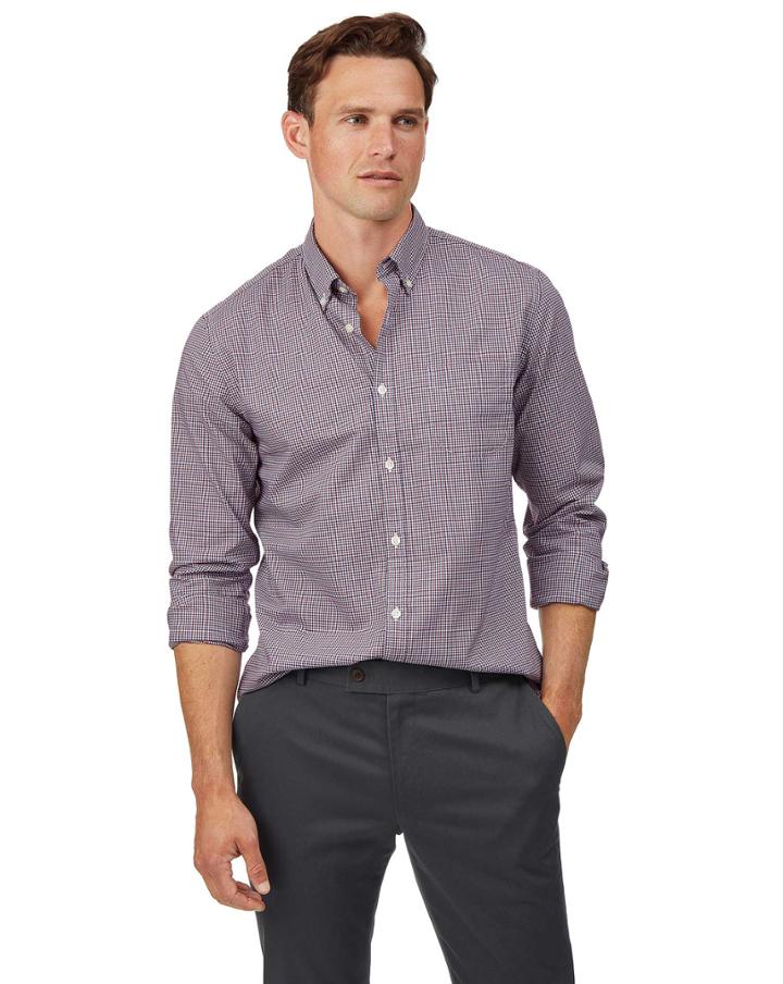  Extra Slim Fit Red Check Soft Washed Non-iron Stretch Poplin Cotton Casual Shirt Single Cuff Size Small By Charles Tyrwhitt