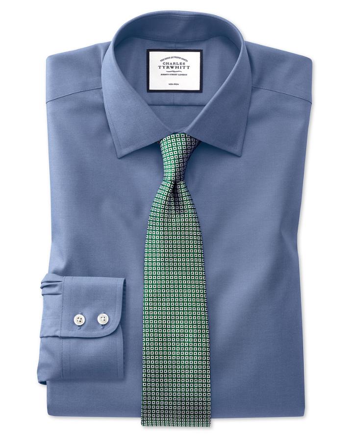  Extra Slim Fit Mid-blue Non-iron Pinpoint Oxford Cotton Dress Shirt Single Cuff Size 15/33 By Charles Tyrwhitt