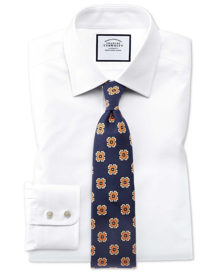  Slim Fit Egyptian Cotton Trellis Weave White Dress Shirt Single Cuff Size 16.5/36 By Charles Tyrwhitt