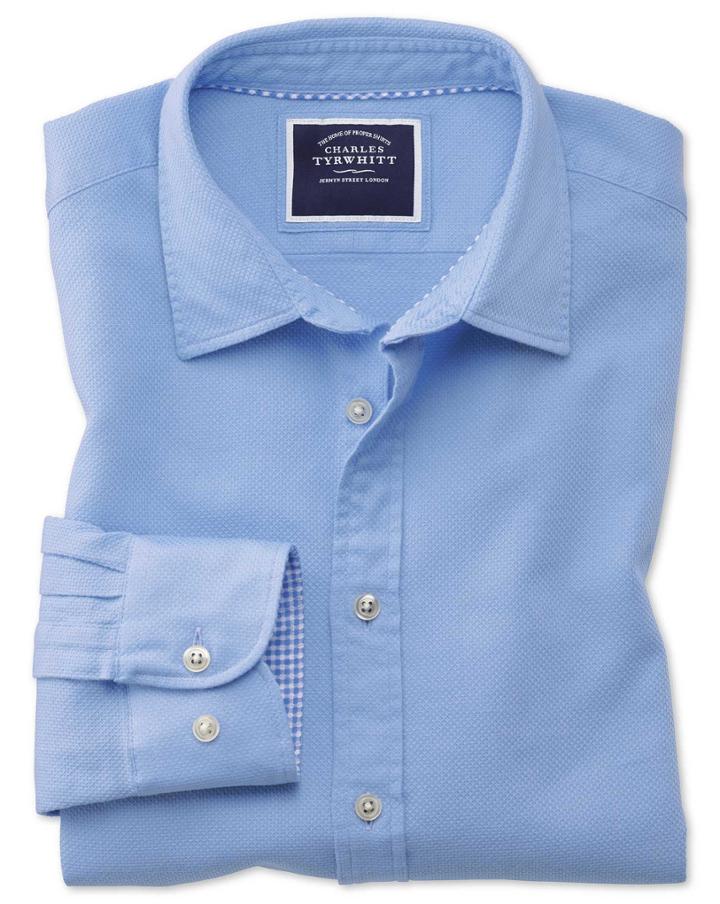 Charles Tyrwhitt Classic Fit Washed Bright Blue Honeycomb Textured Cotton Casual Shirt Single Cuff Size Large By Charles Tyrwhitt