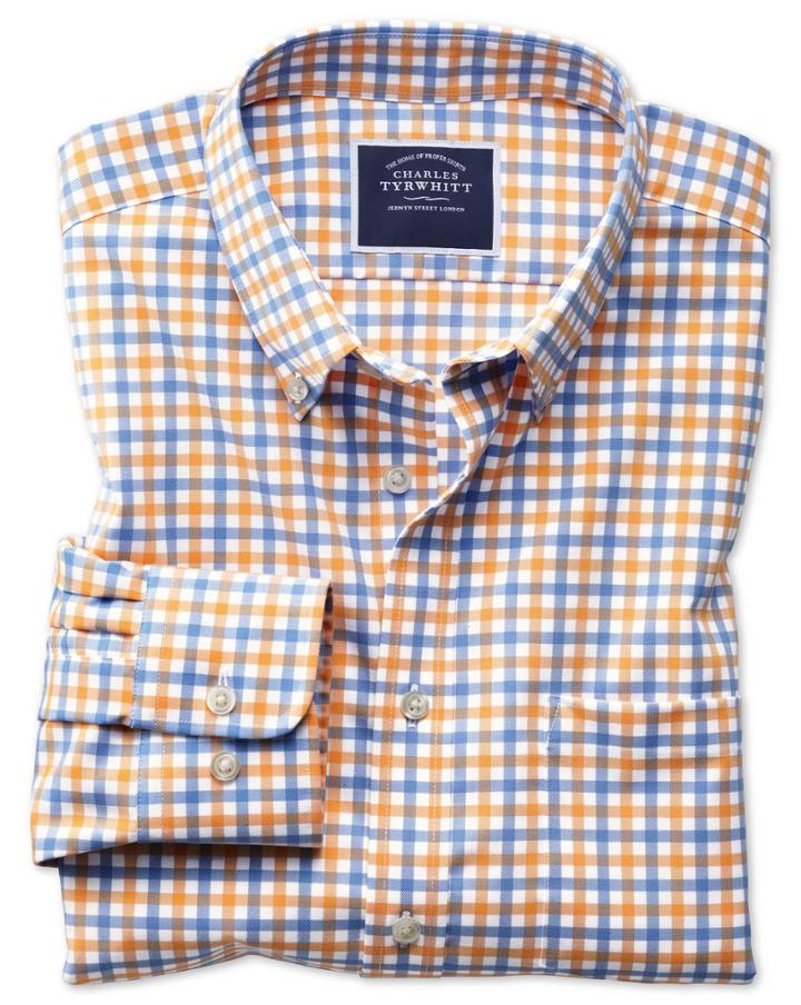Charles Tyrwhitt Slim Fit Button-down Non-iron Twill Yellow And Sky Blue Gingham Cotton Casual Shirt Single Cuff Size Large By Charles Tyrwhitt