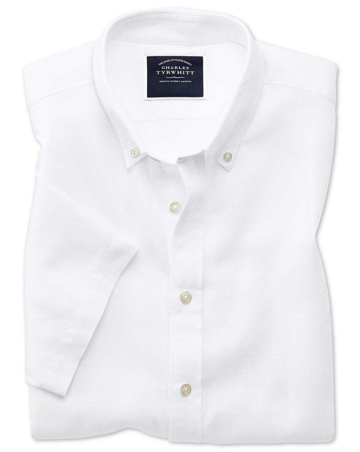  Slim Fit White Cotton Linen Twill Short Sleeve Casual Shirt Single Cuff Size Large By Charles Tyrwhitt