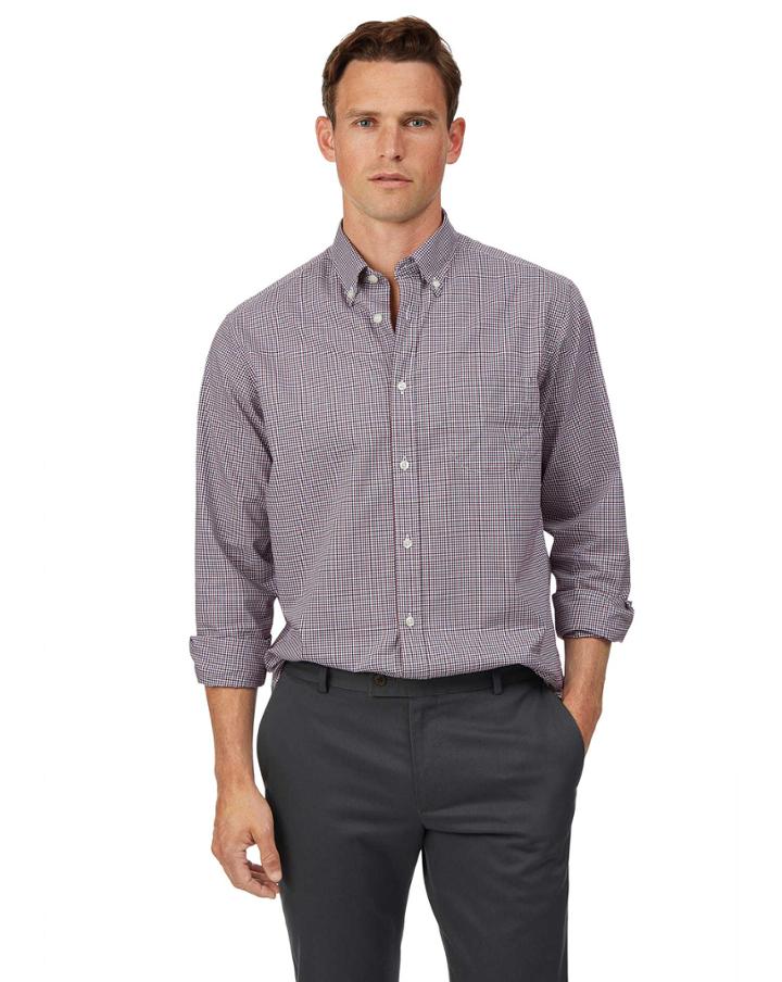  Classic Fit Red Check Soft Washed Non-iron Stretch Poplin Cotton Casual Shirt Single Cuff Size Small By Charles Tyrwhitt