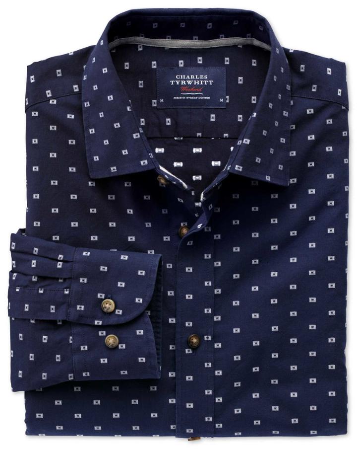 Charles Tyrwhitt Charles Tyrwhitt Classic Fit Navy And White Dobby Cotton Dress Shirt Size Medium