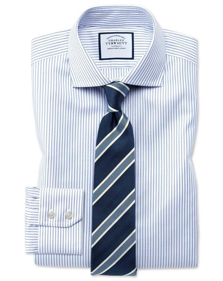 Charles Tyrwhitt Extra Slim Fit Spread Collar Non-iron Cotton Stretch Oxford Stripe Blue And White Dress Shirt Single Cuff Size 14.5/33 By Charles Tyrwhitt