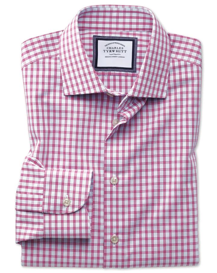 Charles Tyrwhitt Slim Fit Semi-spread Collar Non-iron Business Casual Pink Check Cotton Dress Shirt Single Cuff Size 14.5/32 By Charles Tyrwhitt