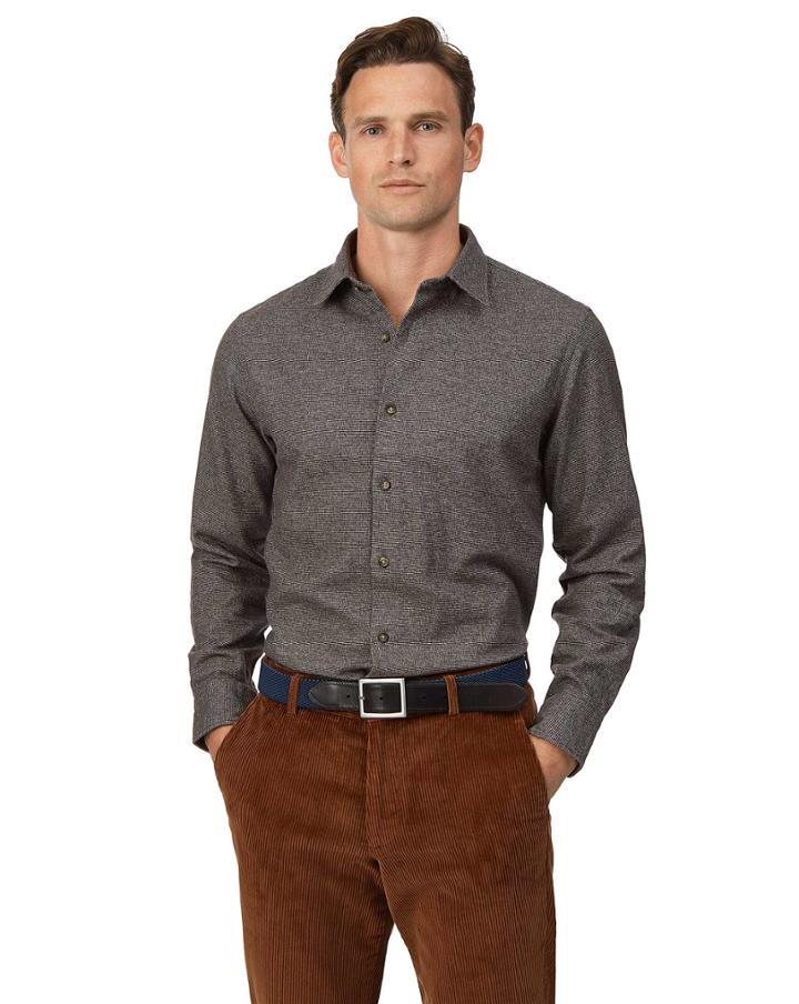  Slim Fit Brown Puppytooth Winter Flannel Cotton Casual Shirt Single Cuff Size Medium By Charles Tyrwhitt