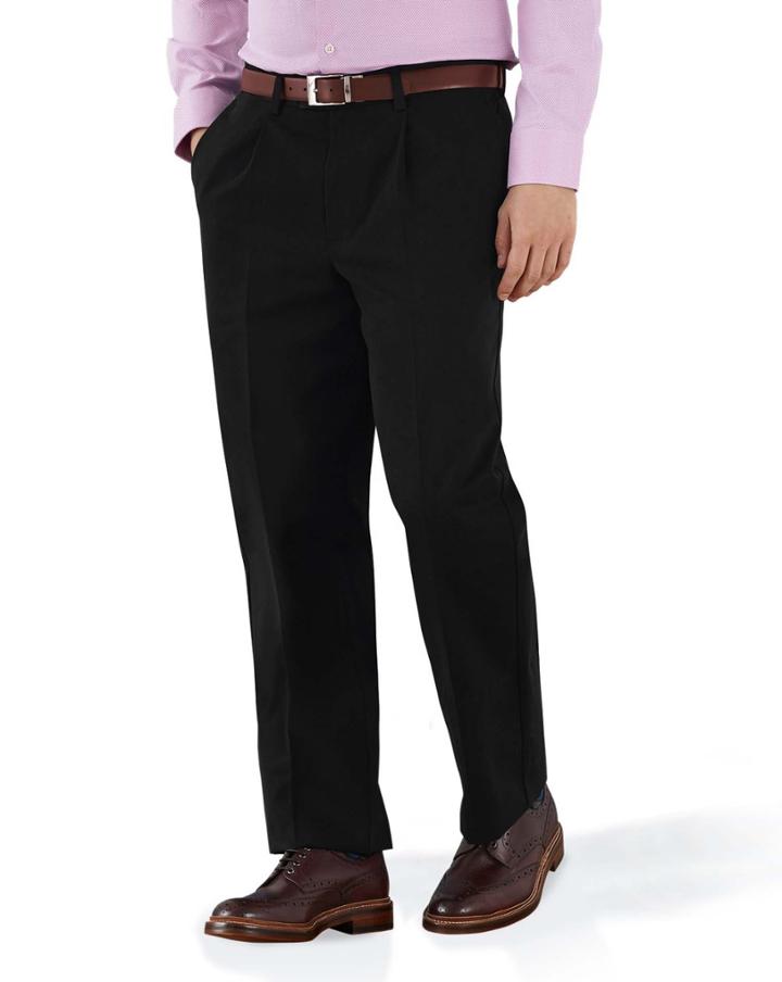  Black Classic Fit Single Pleat Non-iron Cotton Chino Pants Size W32 L30 By Charles Tyrwhitt