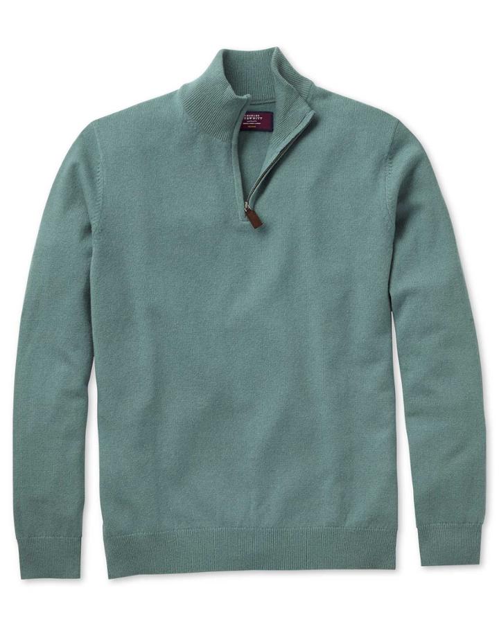  Light Green Cashmere Zip Neck Jumper Size Large By Charles Tyrwhitt