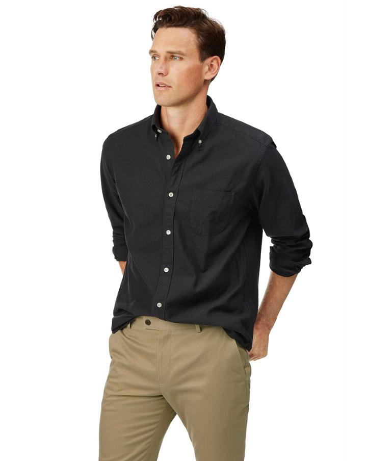  Classic Fit Charcoal Button-down Washed Oxford Plain Cotton Casual Shirt Single Cuff Size Small By Charles Tyrwhitt