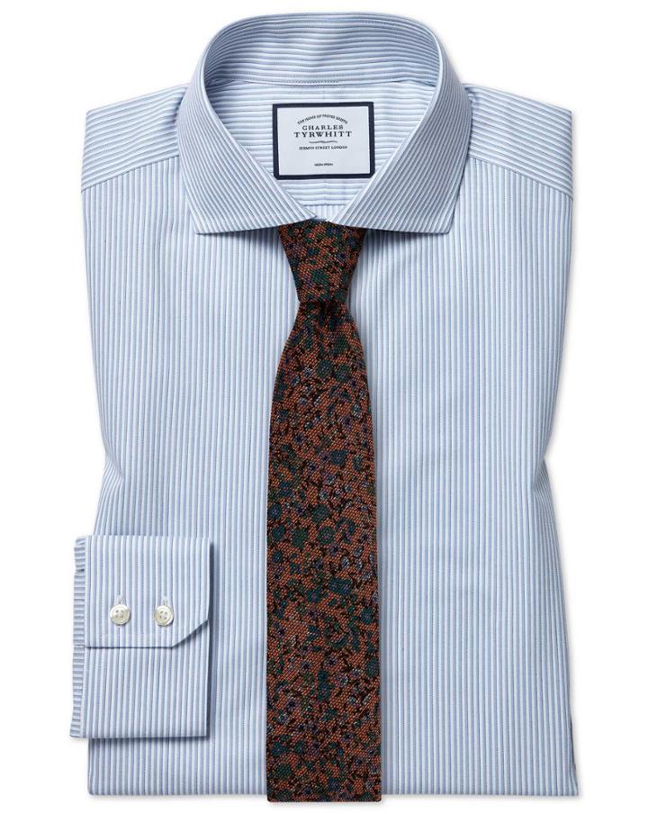 Extra Slim Fit Cutaway Collar Non-iron Soft Twill Sky Blue Stripe Cotton Dress Shirt Single Cuff Size 14.5/32 By Charles Tyrwhitt