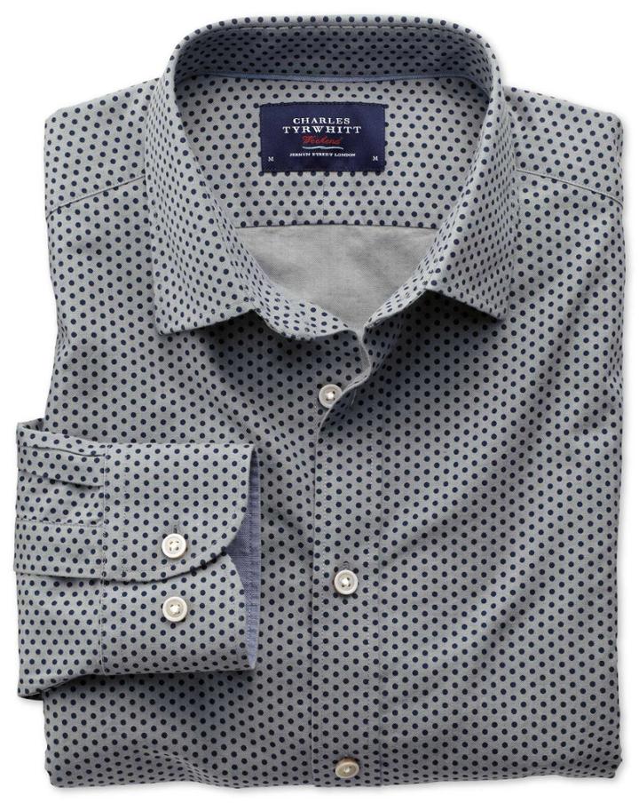 Charles Tyrwhitt Charles Tyrwhitt Classic Fit Navy And Grey Spot Print Cotton Dress Shirt Size Large