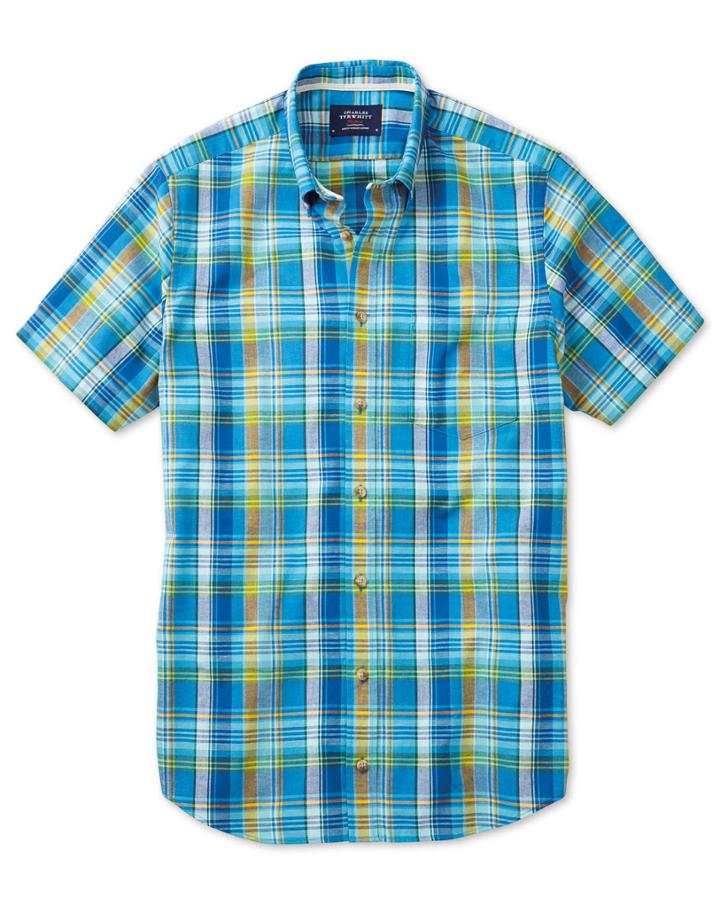 Charles Tyrwhitt Classic Fit Short Sleeve Green And Blue Check Cotton/linen Casual Shirt Single Cuff Size Large By Charles Tyrwhitt