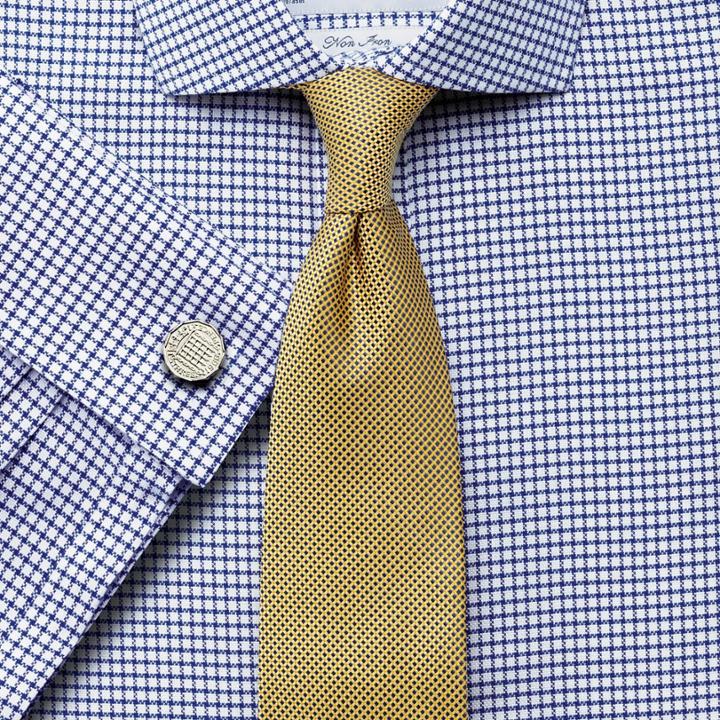 Charles Tyrwhitt Charles Tyrwhitt Classic Fit Non-iron Spread Collar Basketweave Check Navy Cotton Dress Shirt Size 15/35