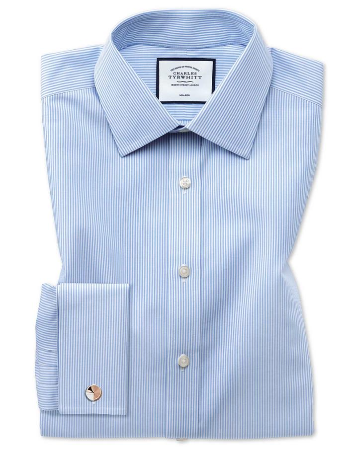  Classic Fit Non-iron Sky Blue Bengal Stripe Cotton Dress Shirt French Cuff Size 16/33 By Charles Tyrwhitt