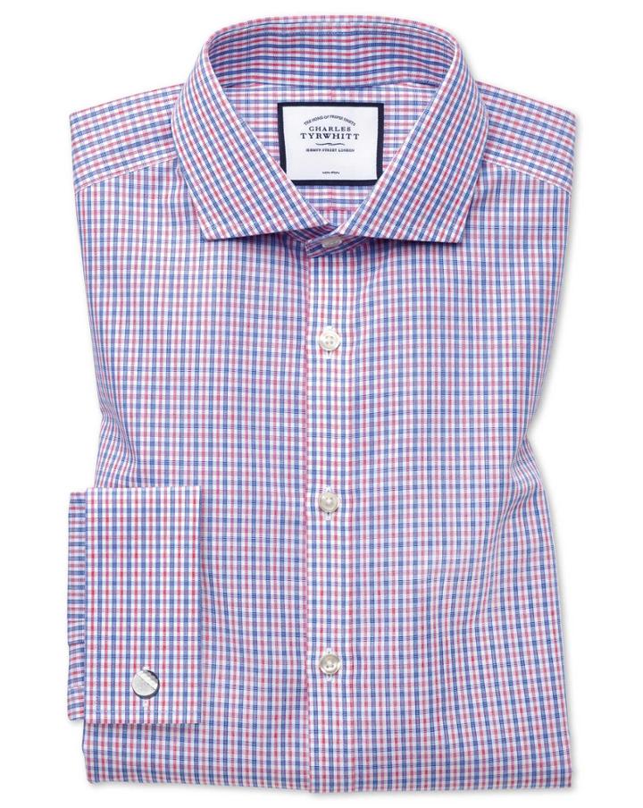  Extra Slim Fit Non-iron Blue And Red Check Cotton Dress Shirt Single Cuff Size 14.5/32 By Charles Tyrwhitt