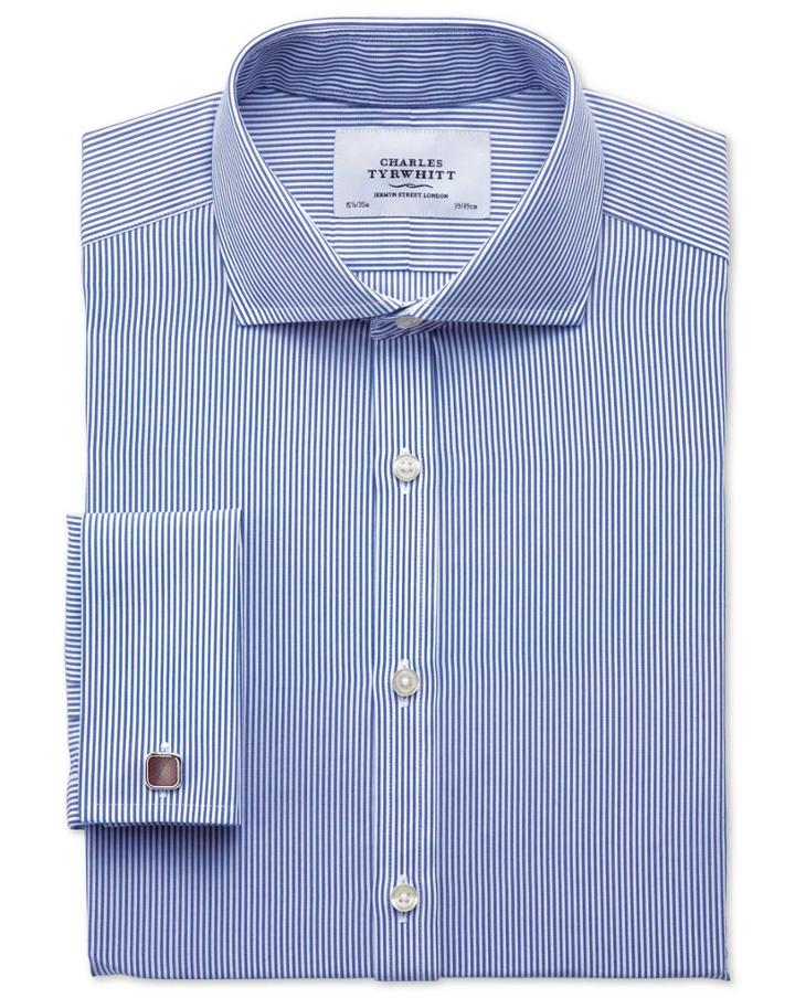 Charles Tyrwhitt Charles Tyrwhitt Slim Fit Spread Collar Non Iron Bengal Stripe Navy Cotton Dress Shirt Size 14.5/32