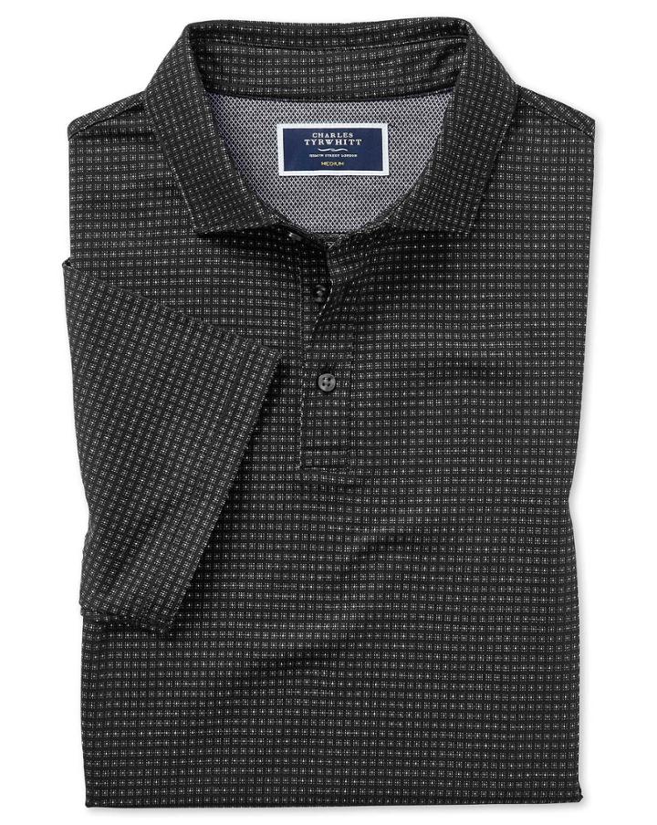 Black Square Jacquard Short Sleeve Cotton Polo Size Large By Charles Tyrwhitt