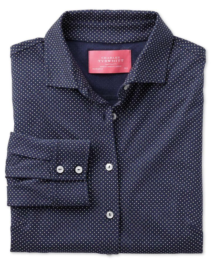 Charles Tyrwhitt Charles Tyrwhitt Navy Pindot Print Jersey Cotton Shirt Size 10