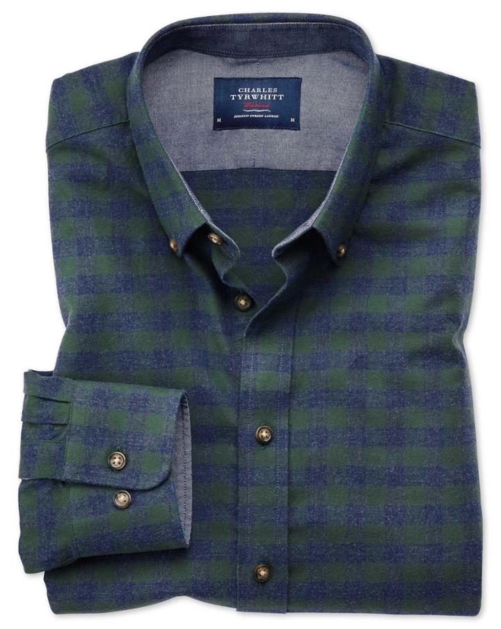 Charles Tyrwhitt Slim Fit Button-down Soft Cotton Green And Blue Check Casual Shirt Single Cuff Size Large By Charles Tyrwhitt