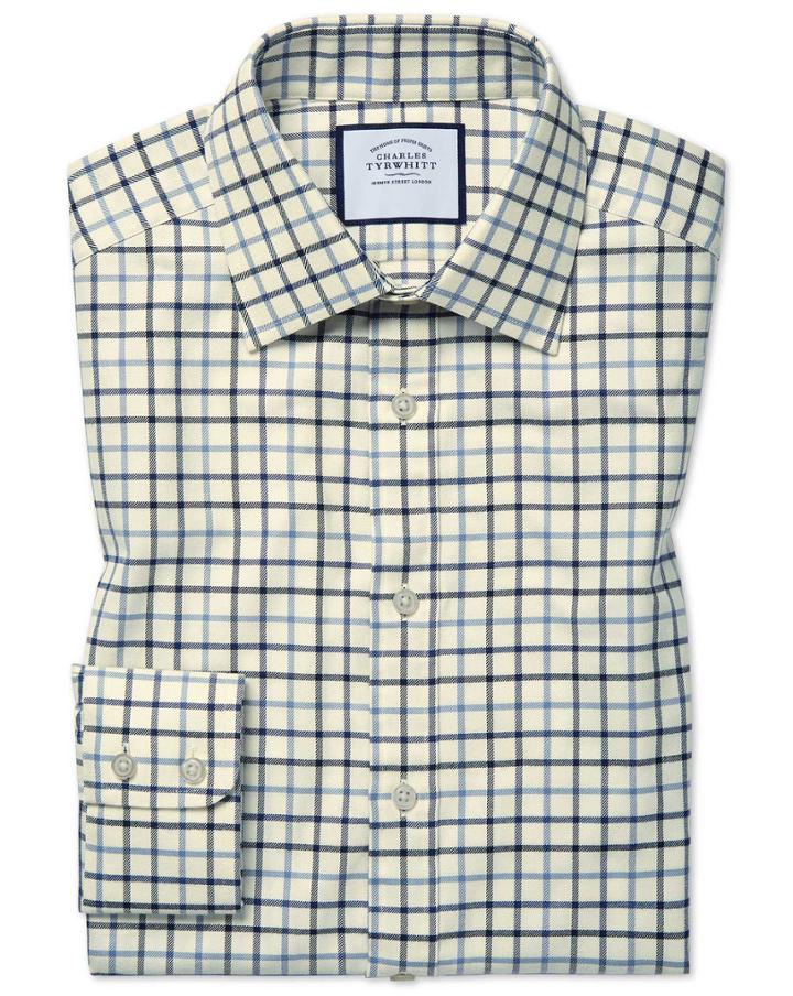  Slim Fit Country Check Blue Cotton Dress Shirt Single Cuff Size 15/33 By Charles Tyrwhitt