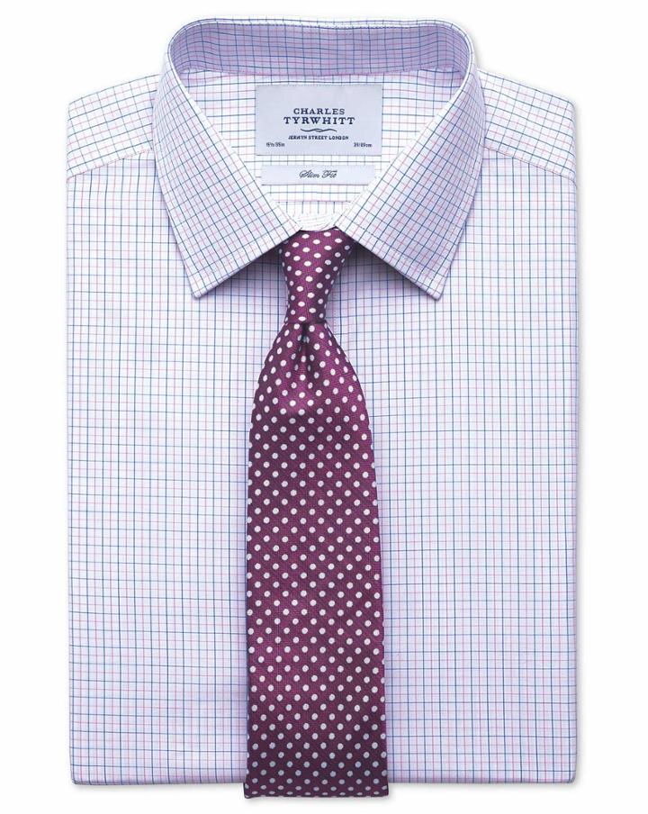  Extra Slim Fit Two Color Check Pink And Blue Cotton Dress Shirt Single Cuff Size 16/35 By Charles Tyrwhitt