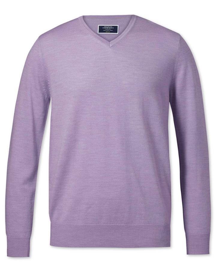  Lilac Merino V-neck Merino Wool Sweater Size Large By Charles Tyrwhitt