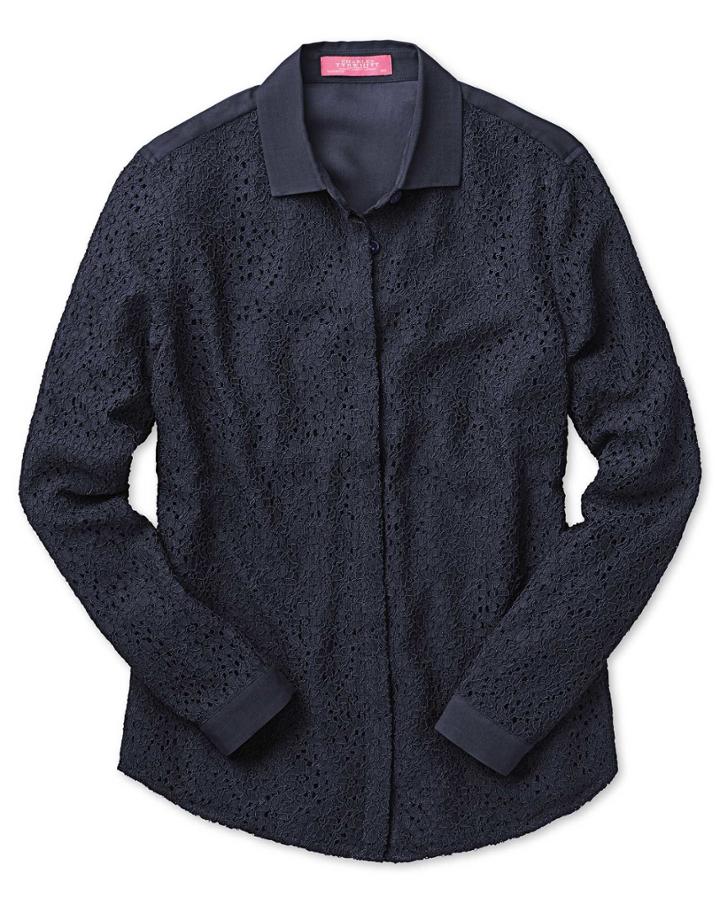Charles Tyrwhitt Charles Tyrwhitt Women's Semi Fitted Corded Lace Navy Silk Shirt Size 6