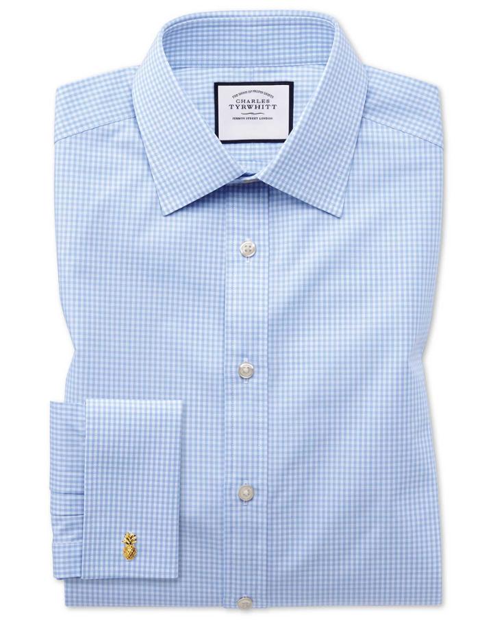  Classic Fit Light Sky Blue Small Gingham Cotton Dress Shirt Single Cuff Size 15.5/33 By Charles Tyrwhitt