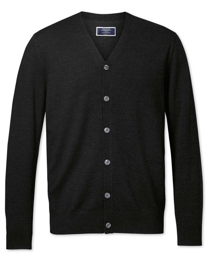  Dark Charcoal Merino 100percent Merino Wool Cardigan Size Large By Charles Tyrwhitt