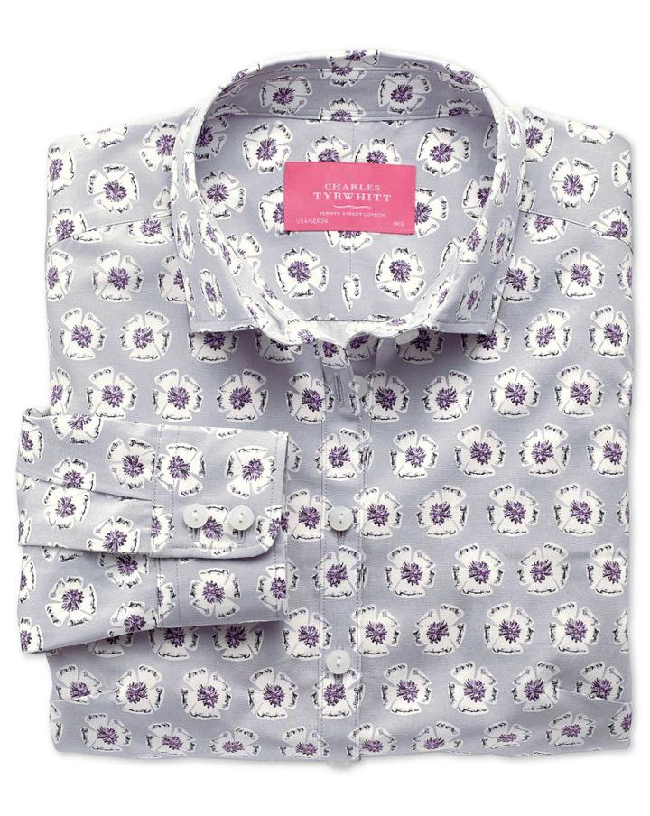 Charles Tyrwhitt Charles Tyrwhitt Women's Semi-fitted Light Grey Abstract Floral Print Cotton Shirt Size 14