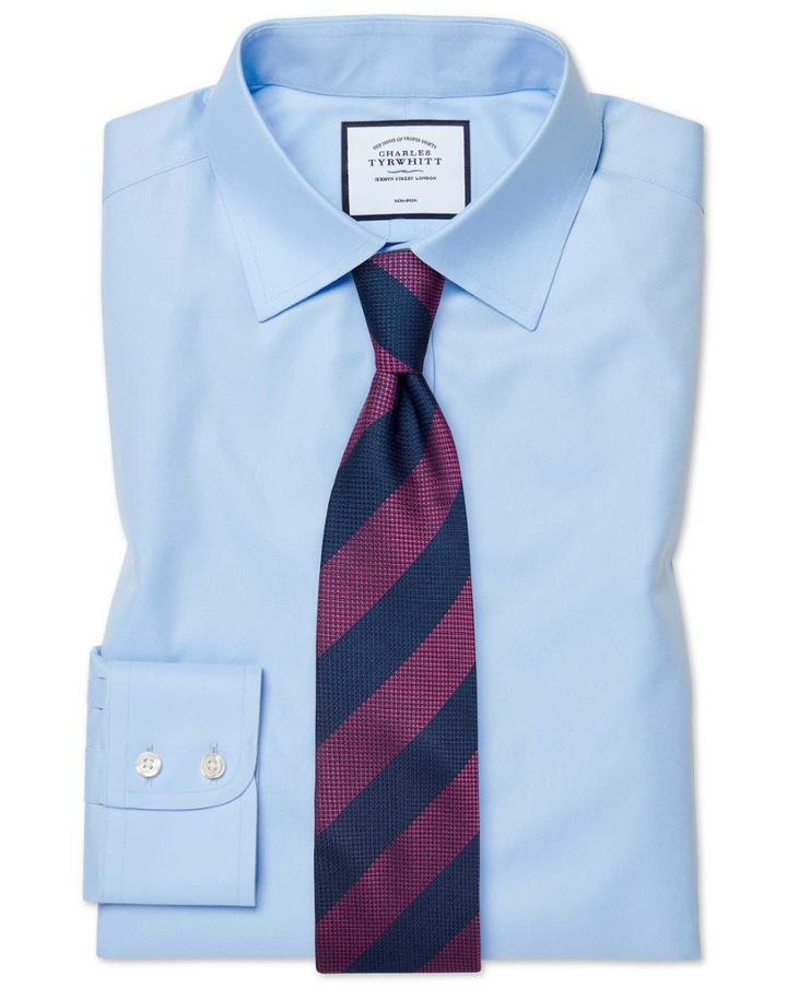  Classic Fit Sky Blue Non-iron Twill Cotton Dress Shirt Single Cuff Size 15/33 By Charles Tyrwhitt
