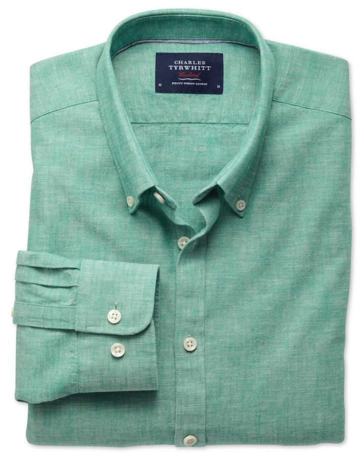 Charles Tyrwhitt Charles Tyrwhitt Extra Slim Fit Green Chambray Cotton Dress Shirt Size Small
