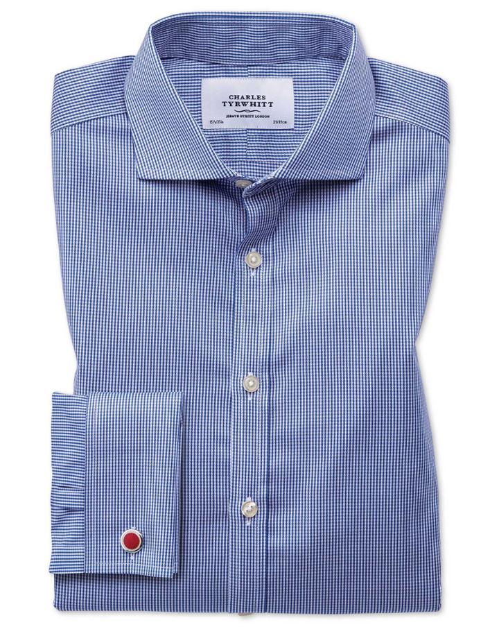 Charles Tyrwhitt Slim Fit Spread Collar Non-iron Puppytooth Royal Blue Cotton Dress Shirt French Cuff Size 14.5/32 By Charles Tyrwhitt